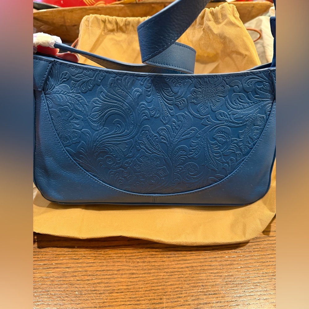 NWT ANUSCHKA blue hand tooled leather Crossbody purse bag with pouch